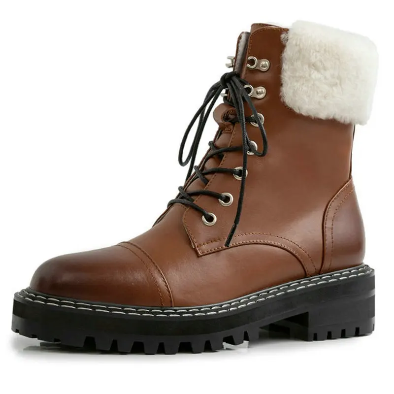 

Genuine leather Women Ankle Motorcycle Snow Boots lace up thick heels Winter Warm casual Shoes Woman Large size 42