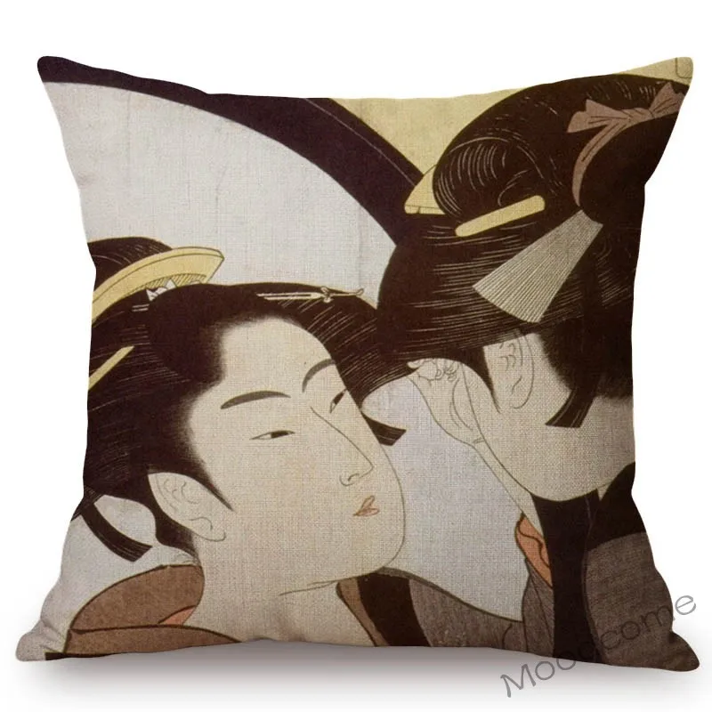 Traditional Japanese Wood Block Print Geisha Decorative Car Pillow Ukiyoe Master Utamaro Art Home Decor Sofa Cushion Cover Case