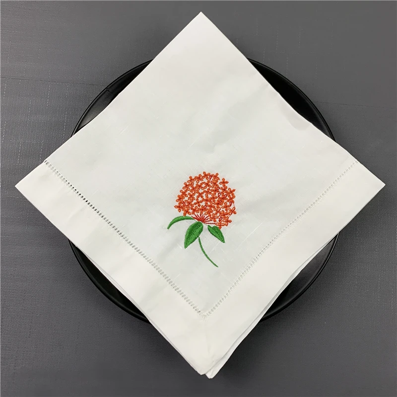 Set Van 12 Mode Bruiloft Servetten Wit Hemstitched Linnen Servet Met Kleur Geborduurde Bloemen Diner Servetten 18x18-inch