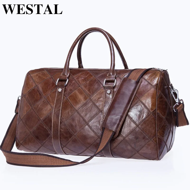 WESTAL Men\'s Travel Bags Hand Luggage Genuine Leather Duffle Bags Leather Luggage Travel Bag Suitcases Handbags big/Weekend Bag