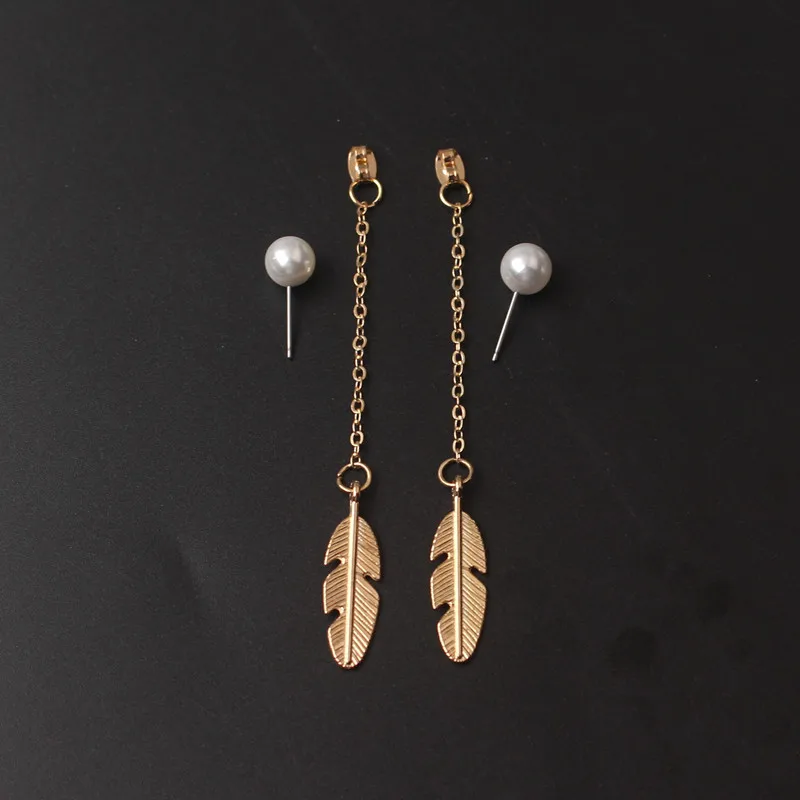 Long Tassel Dangle Earrings for Women Simulated Pearls Top Leaf Feather Pendants Drop Earrings Brincos Bijoux boucle d\'oreille