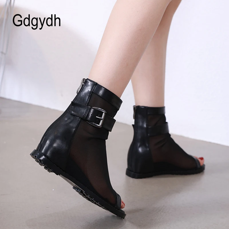 Gdgydh Vintage Women Summer Shoes Peep Toe Ankle Boots Mesh Net Breathable Wedge Hiden Heels Summer Bootie Belt Buckle Dorpship