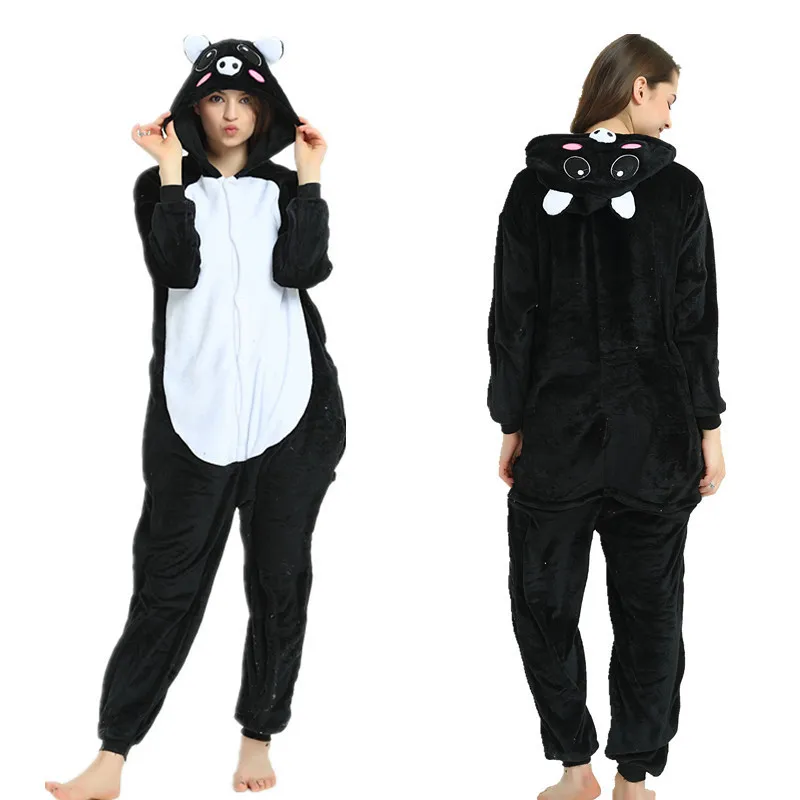 Adult Pig Kigurumi Women Men Cartoon Animal Cosplay Costume Winter Onesie Pajama Hooded Couple Funny Party Suit