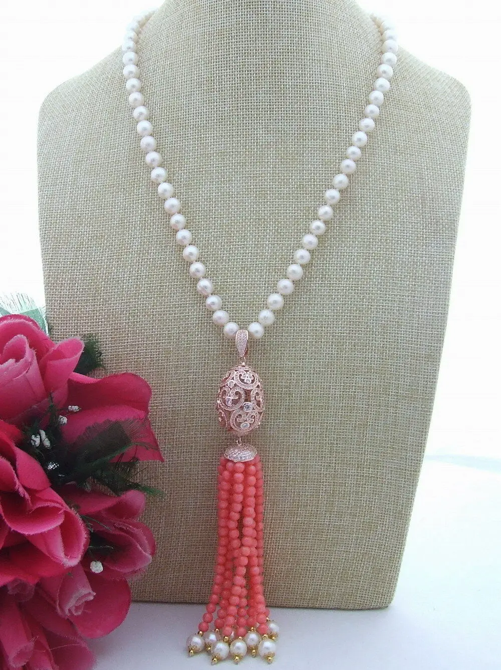 21'' 8-9mm freshwater Pearl&Coral Necklace