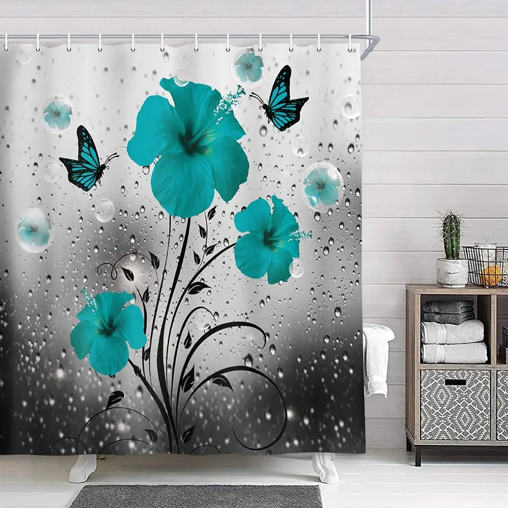 Daisy Flower Shower Curtain Rustic Floral Butterfly Botanical Leaf Cute Raindrops Bubbles Modern Bathroom Curtains Decor Set