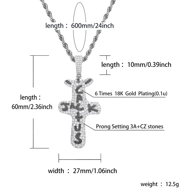 TOPGRILLZ Cactus Jack Pendant &Necklace Iced Cubic Zircon Plated Gold Silver Color Hip Hop Jewelry For Men Women