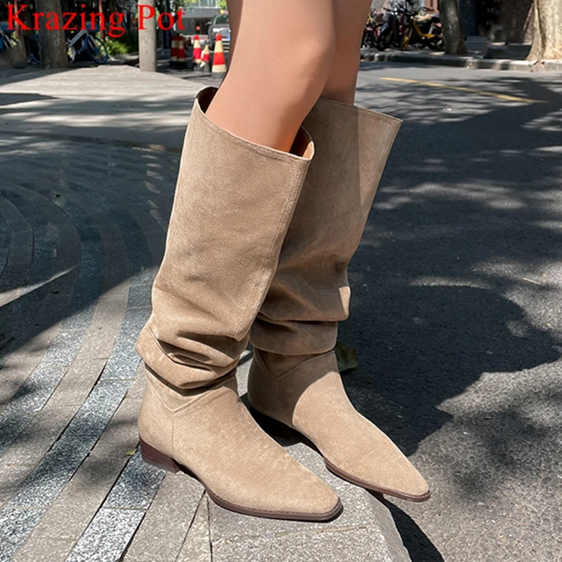 

Krazing Pot big size stretch flock modern boots pleated concise warm winter shoes brand ins runway elegant knee-high boots