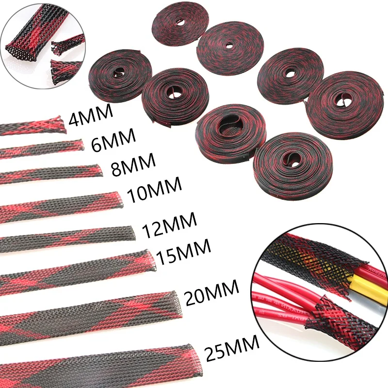 10M High Density Insulated Red&Black Braided Cable Sleeve 4/6/8/10/12/15/20/25mm PET Expandable Wire Gland Cables Protection