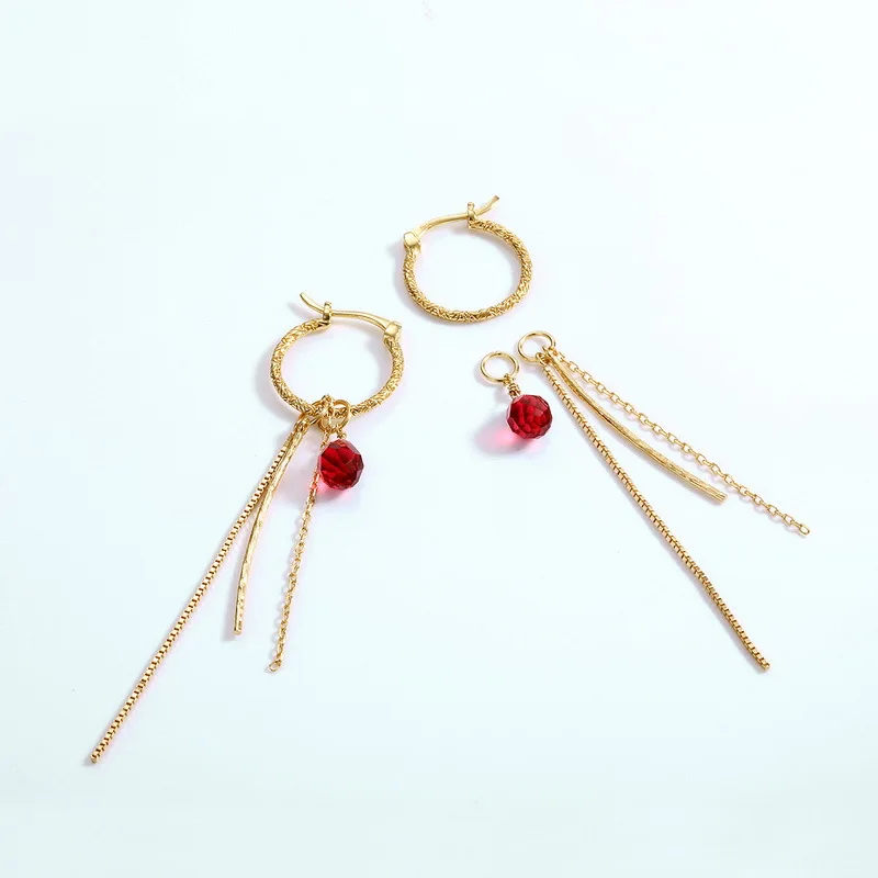 Anomokay Original Design Gold Color Tassel Drop Earrings for Valentine's Day Gift 925 Sterling Silver Red Crystal Earring