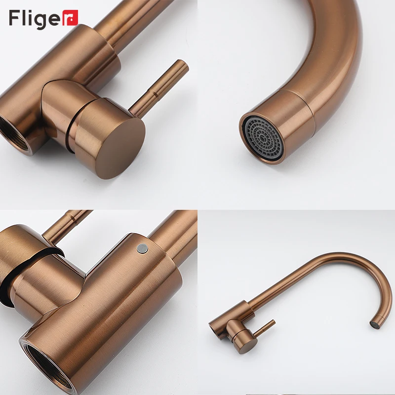 Fliger Rose Gold Kitchen Faucets Stainless Steel Kitchen Sink Mixer Tap Sink Faucets Hot Cold Water Mixer Faucet Torneira