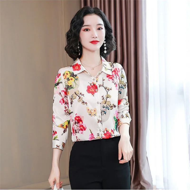 Women Spring Autumn Slim Long-Sleeved Shirt Female New Floral Self-Cultivation Korean Printing Bottoming Top socialite A1127