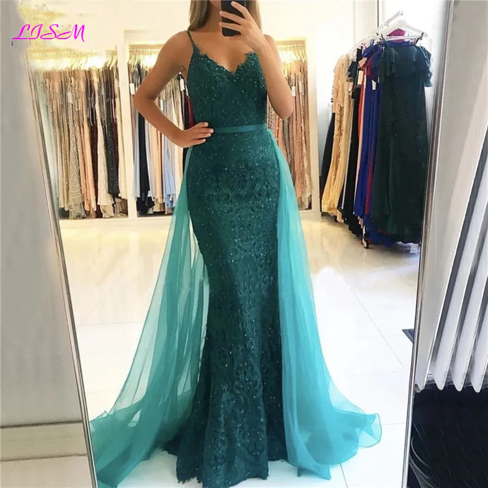 Lace Beaded Mermaid Evening Dresses 2020 Sexy V-Neck Long Tulle Prom Dress Elegant Overskirt Formal Party Gowns Vestido De Festa