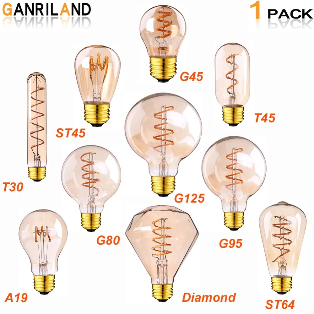 GANRILAND E27 Retro LED Spiral Filament Light Bulb A19 ST64 G80 G95 G125 3W 2200K Vintage Decorative Lamps Dimmable Edison Lamp