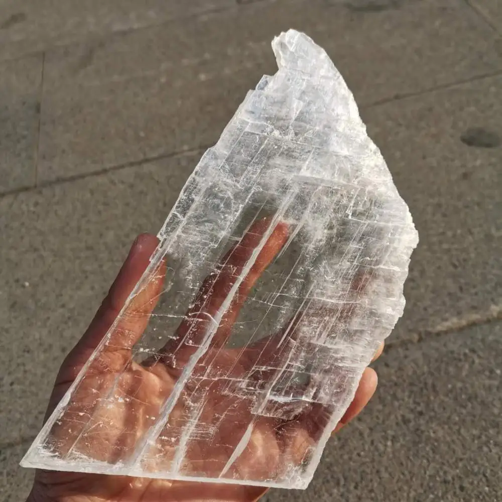 Natural white rough selenite crystal slab transparent gypsum specimen
