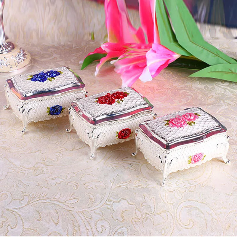 Classic Metal Jewelry Box Antique Tin Rectangle Jewelry Box Treasure Storage Organizer Chest with Rose Pattern Gift