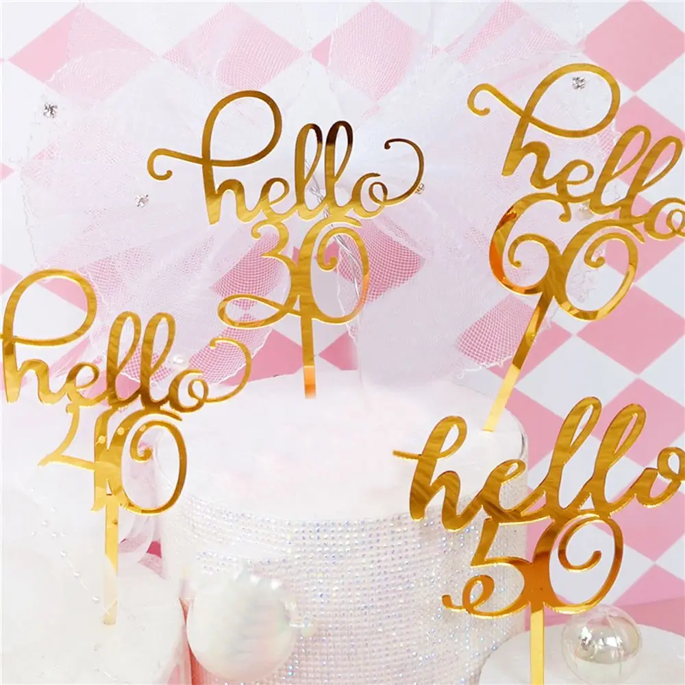 Lovely Birthday Gifts DIY Anniversary Party Gold Acrylic Cake Topper Hello 21/30/40/50/60 Letter Number