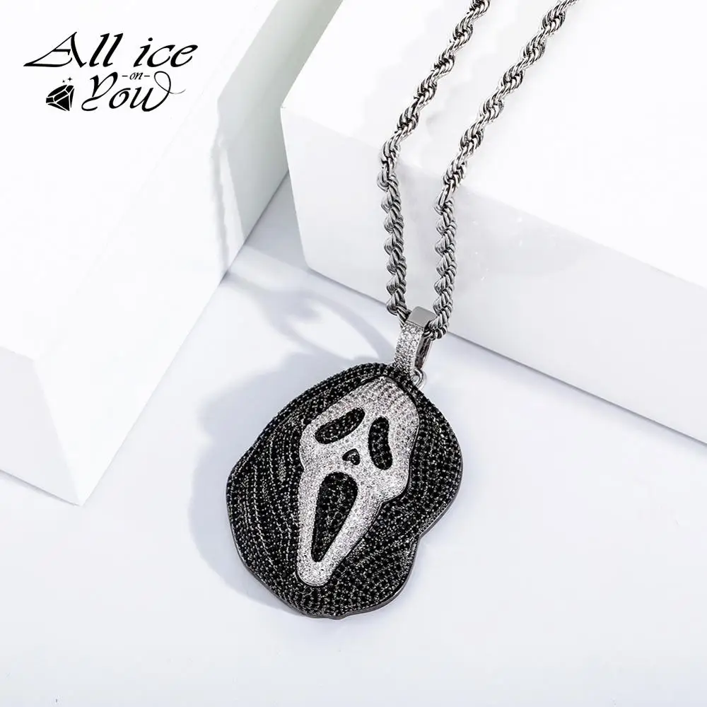 ALLICEONYOU Iced Out Hip Hop Cubic Zirconia Halloween Christmas Ghost Pendant Necklace With Tennis Cuban Chain Gift For Women