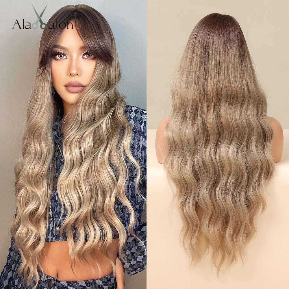 ALAN EATON Long Water Wave Synthetic Wig for Black Women Omber Dark Brown Wigs with Long Side Bangs Cosplay Party Heat Resistant