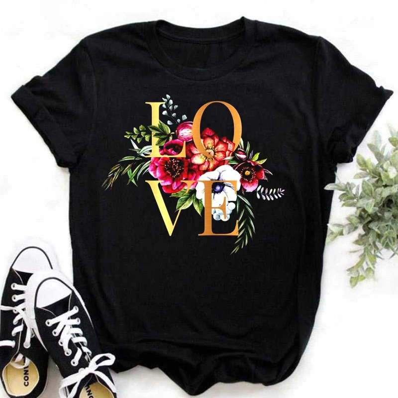 Maycaur Women T-shirts Floral Love T Shirt 90s Ladies Fashion Clothing Cartoon Clothes Short Sleeve Female Tees Valentine Tshirt