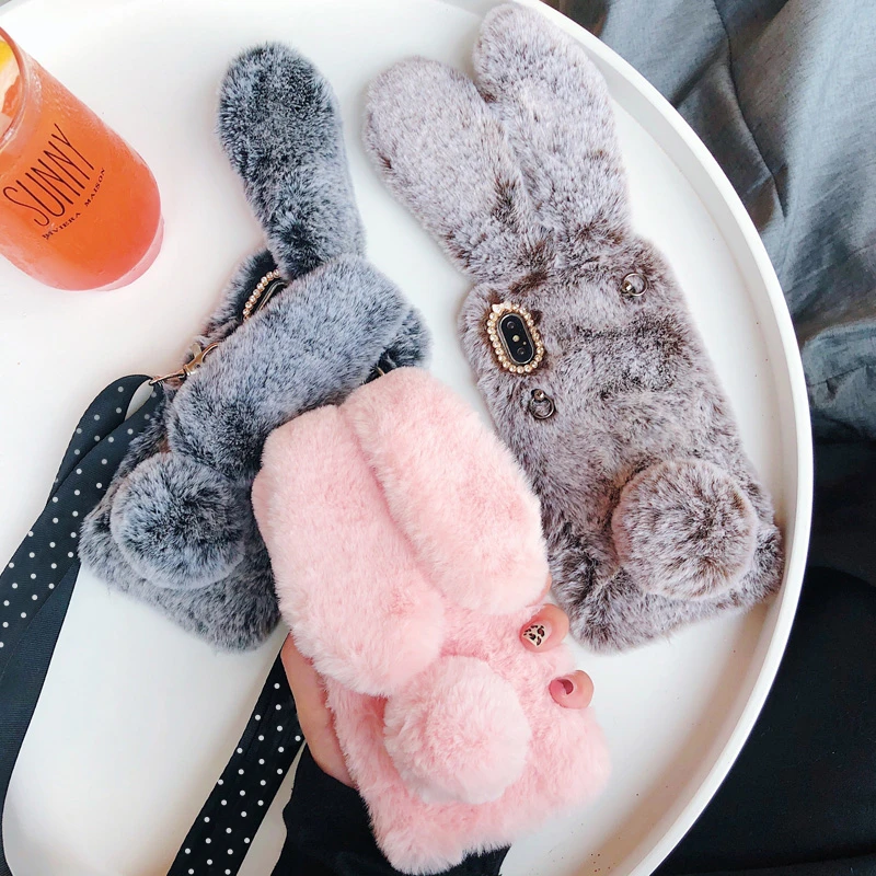 3d estéreo bonito dos desenhos animados coelho peludo caso de telefone para o iphone 14 13 12 11 pro max x xr xs 7 8 plus se2020 capa crossbody cordão