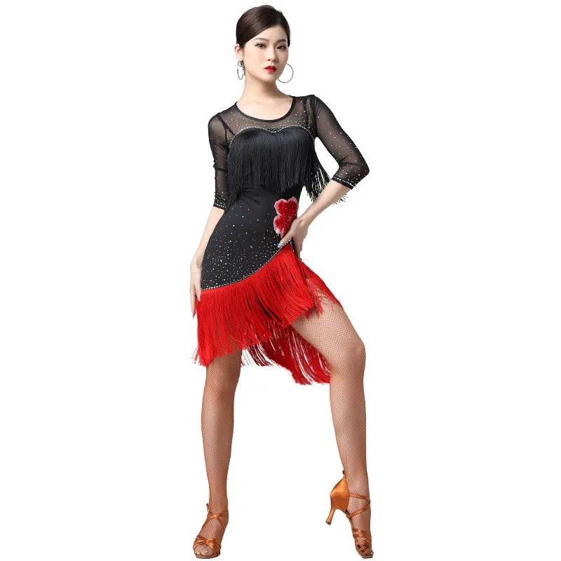 Women Dance Clothes Ballroom Dress Samba Diamond Costume Party Tassels Dresses Stretchy Mesh One-piece Latin Dress Embroidery