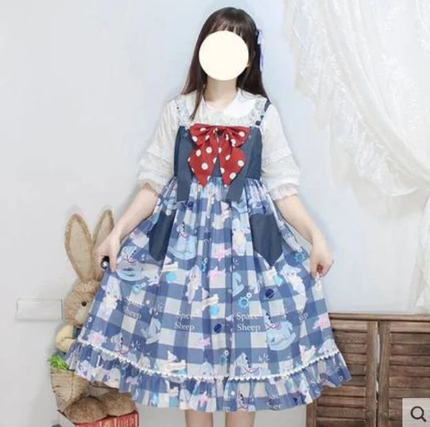 เจ้าหญิงชุดวิคตอเรียสาว Kawaii หวาน Lolita สาย Vintage Bowknot น่ารักพิมพ์สูงเอวโกธิค Lolita Cos Loli