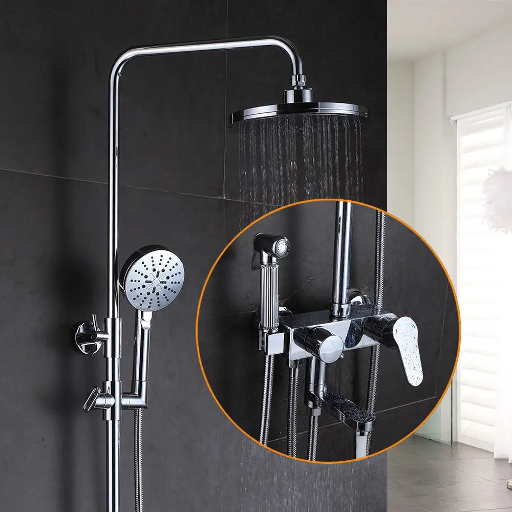 Shower Faucets Brass Chrome Bathtub Faucet Round Tube Single Handle Top Rain Shower With Slide Bar Wall Water Mixer Tap 877006