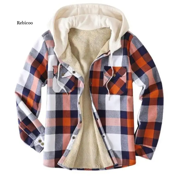 Men's Plaid Fleece Hooded Jacket Winter Fashion Casual High Quality Button Pocket Warm Loose Long Sleeve Jacket