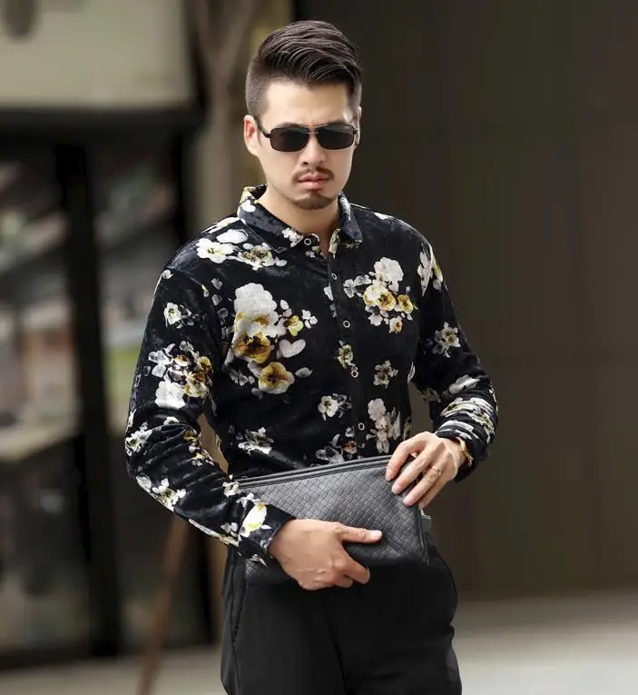 

Winter Velvet Autumn Men's Silk Shirt Fashion Floral Print Long Sleeve Men Casual Thick Liner Velour Shirts Warm