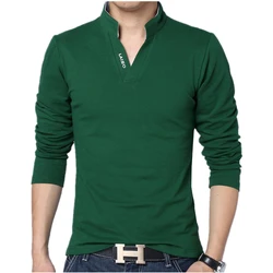 2026 Spring Men's Green Long Sleeve POLO Shirt, Solid Color Tshirts, Mandarin Collar Top Men Brand Slim Fit Tee Shirts