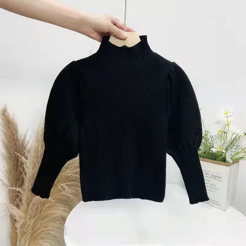 Baby Girl Sweater Puff Sleeve Solid Color Spring Autumn Winter Child Knitted Pullover Top High Quality Baby Clothes 1-10Y