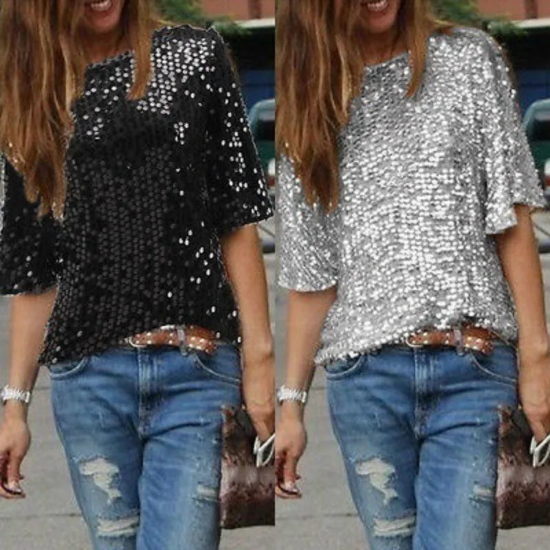 

summer New Sequin Stitching Loose Casual T-shirt Stretch Large Size shirt plus size blusas camisas mujer tops