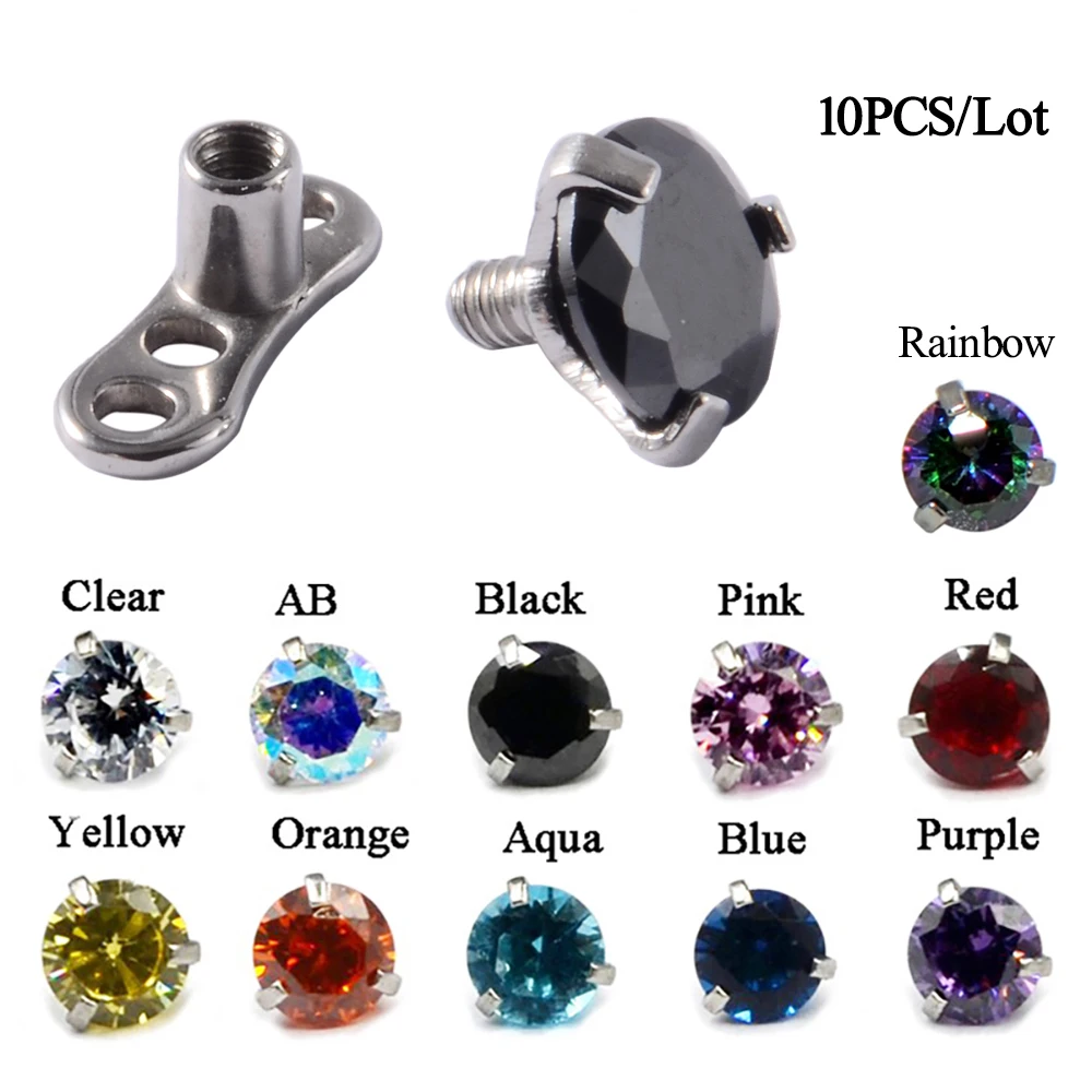 Juego de puntas de cristal de circonita cúbica, ancla dérmica, piel superior de buzo, acero inoxidable, reemplazos Micro dérmicos, joyería para Piercing, 10 unidades por lote
