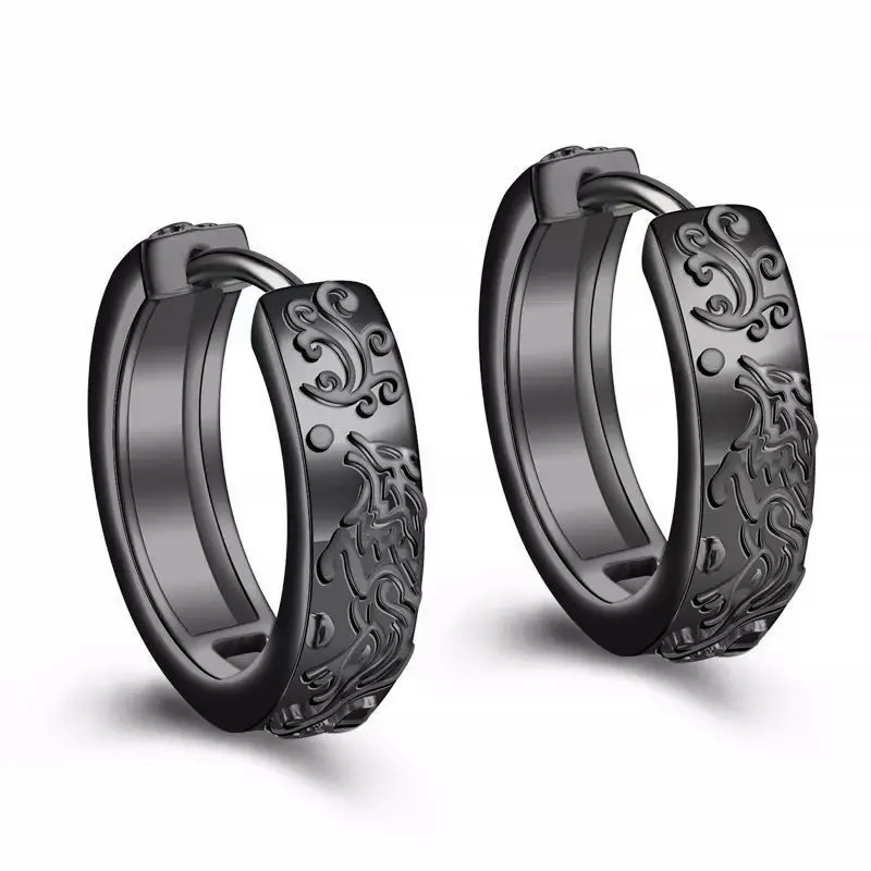 KOFSAC Vintage Black Proud Wolf Men Hoops Jewelry 925 Sterling Silver Earrings For Women Hip-Hop Party Personality Accessories