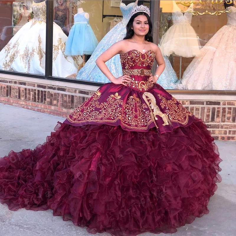 

Vestidos De XV Anos Floral Lace Quinceanera Prom Dress burgundy ruffles Embroidery Princess Sweety 16s Girls Masquerade