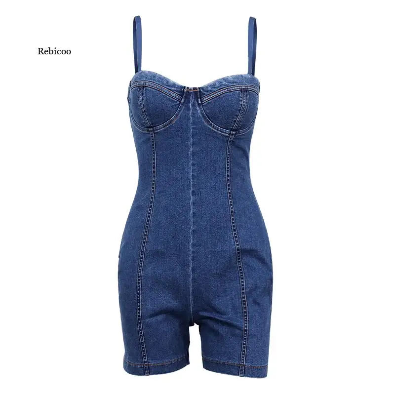 Macacão em denim com almofadas, roupa com alça removível sem mangas para mulheres verão e festa casual