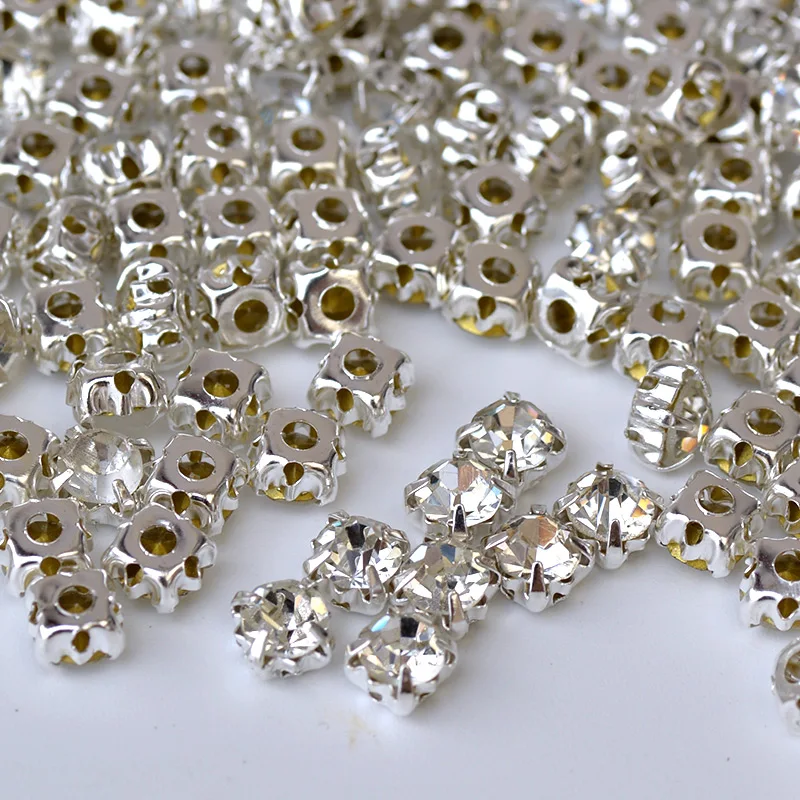 JUNAO 6 7 8 10 mm Sewing Silver Clear Color Glass Rhinestone Flatback Round Crystal Beads Applique For Clothes Decoration