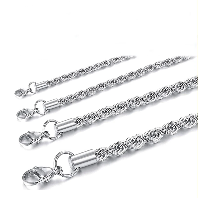 Fashion Hip Hop Silver Color 2mm/2.5mm/3mm/4mm/5mm/6mm Stainless Steel Twist Rope Chain Necklace for Boys Girls Jewelry