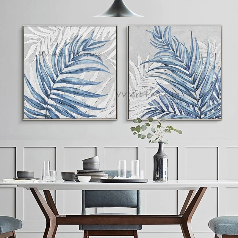 Blue Palm Leaf Art Hand Painted Acrylic Canvas Oil Paintings, Palette Knife Tropical Painting, No Framed Bedroom Wall Decoration