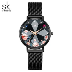 shengke New Women Watches Romantic Flower Cutting Dial High Quality Black Mesh Band Lady Watches Relogio Feminino Gift For Love