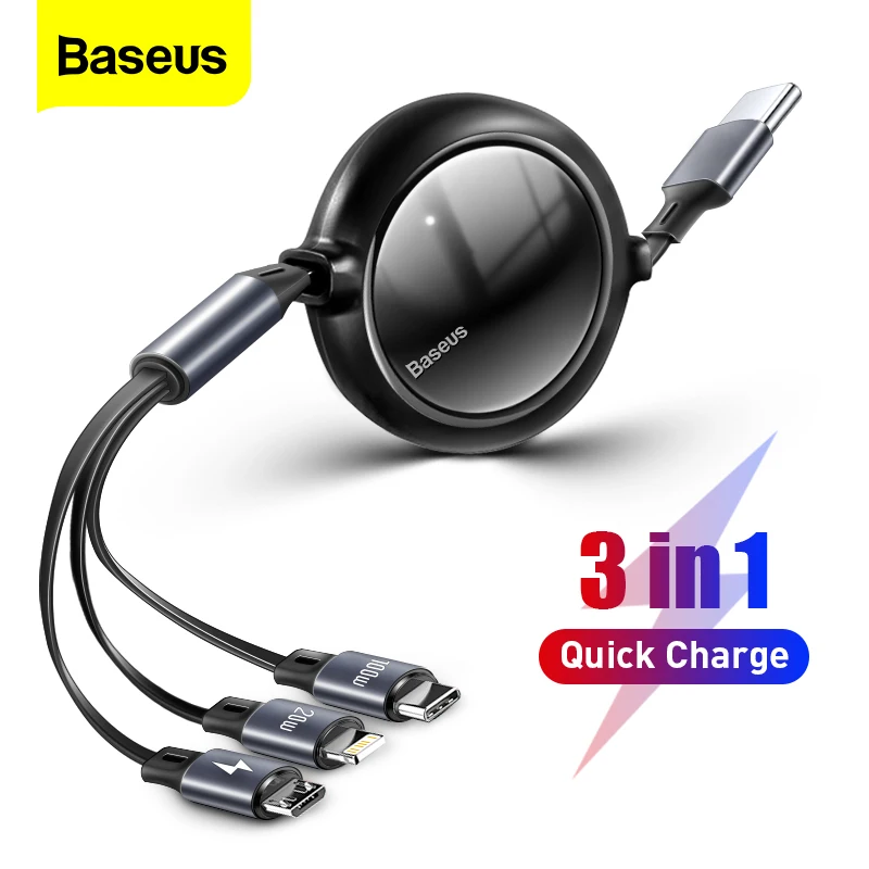 Baseus 100W 3 in 1 개폐식 USB C 케이블, 아이폰 12 충전기용 마이크로 USB C 타입 고속 충전 코드, 맥북 삼성 샤오미