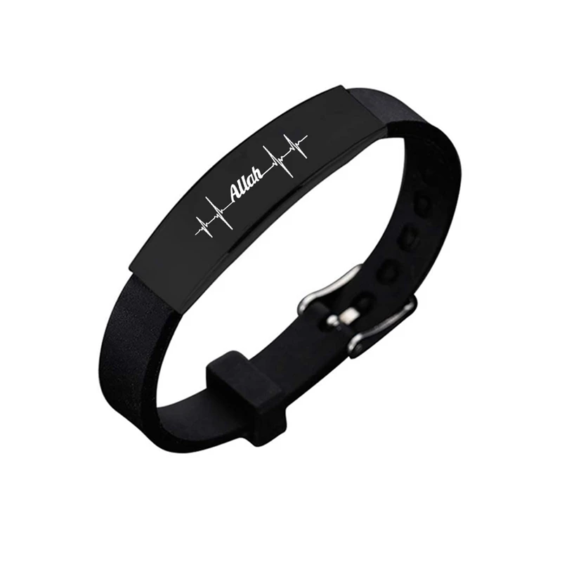 Muslim Allah Shahada Silicone Wristband Bangle Black Stainless Steel Adjustable Men Bracelet Islam Jewelry Accessories