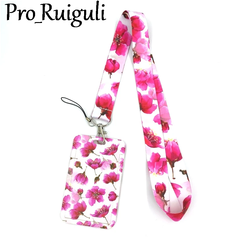 Red Flowers Creative Lanyard Card Holder Student Hanging Neck Phone Lanyard Badge Subway Access Card Holder Accessories