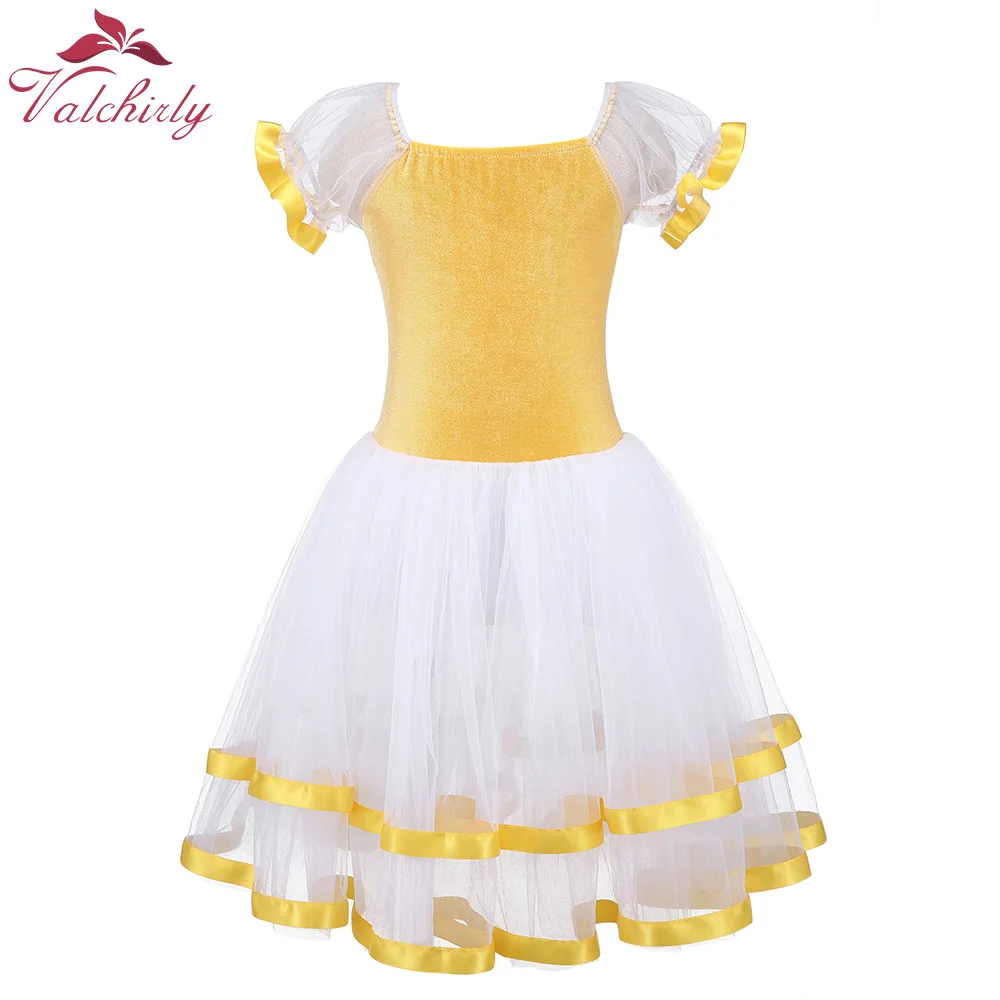 Yellow Ballet Dance Tutu Leotard Girls Dancewear Costume Ribbon Long Tulle Skirt Ballerina Fairy Party Costumes