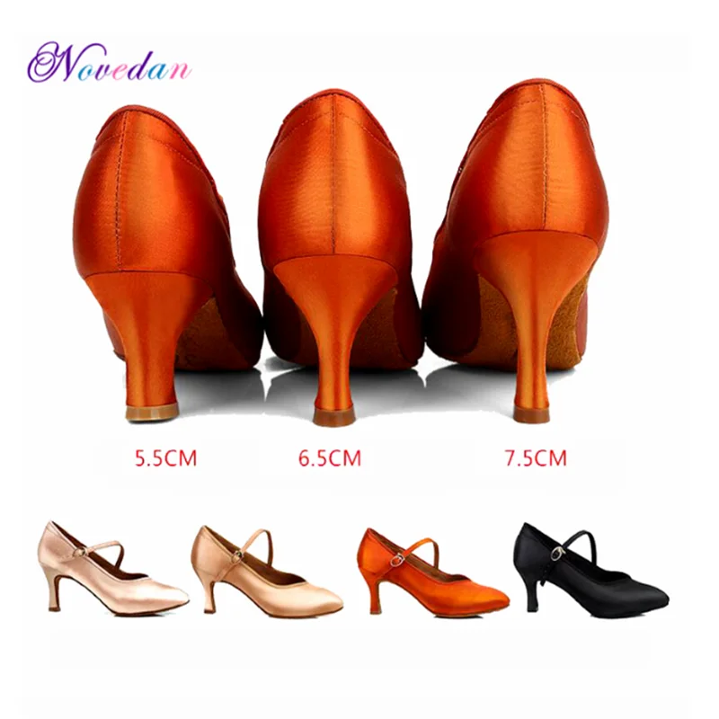 Women Standard Dance Shoes Tan Satin High Low Heel Ladies Ballroom Dance Shoes Soft Outsole Modern Dance Shoes