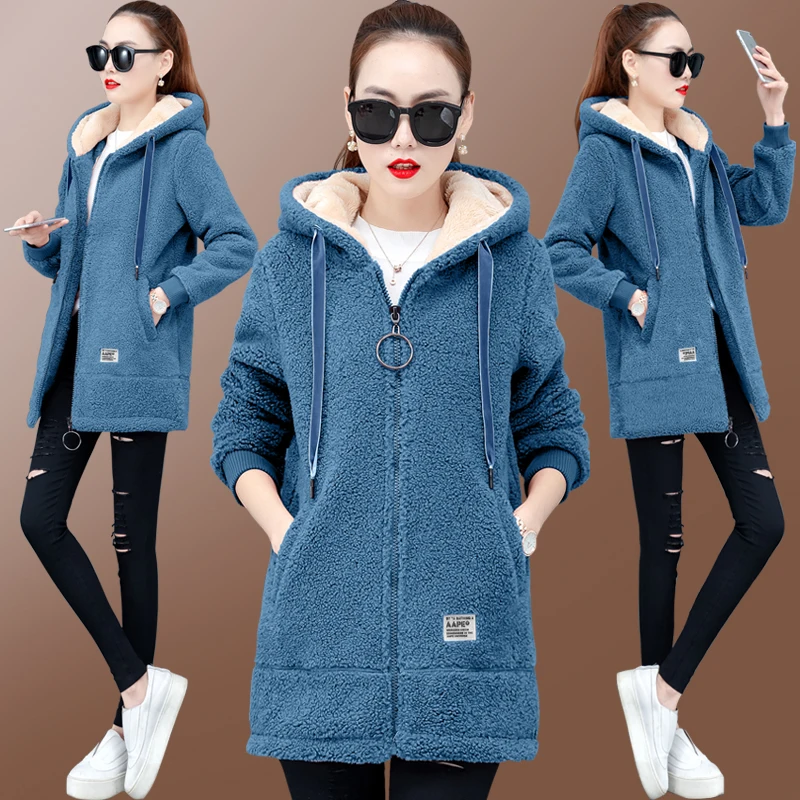 Fashion Hooded Trench Coat Female Autumn Winter Windbreaker Coat Cardigan Lamb wool coats Youth clothing for women Fleece jacket