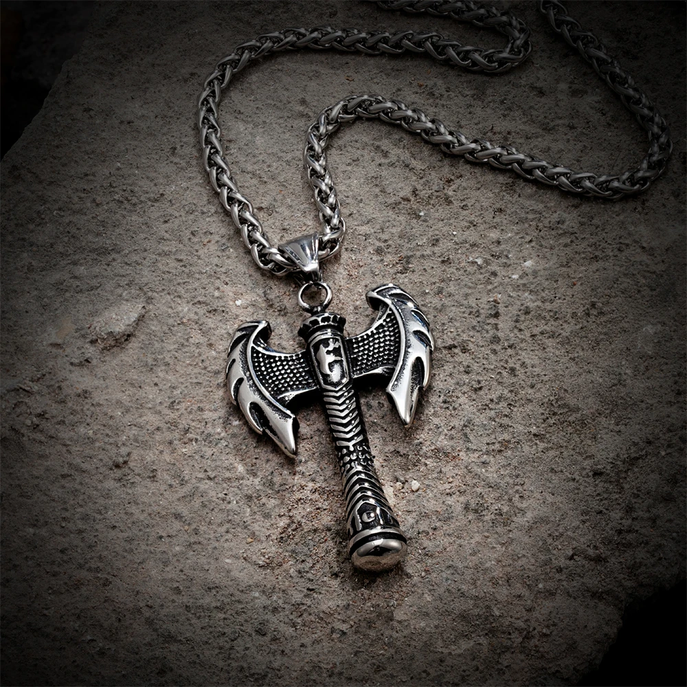 Punk Viking Double Edged Ax Necklace Men Stainless Steel Self-defense Wing Amulet Pendant Hatchet Scandinavian Jewelry Male Gift