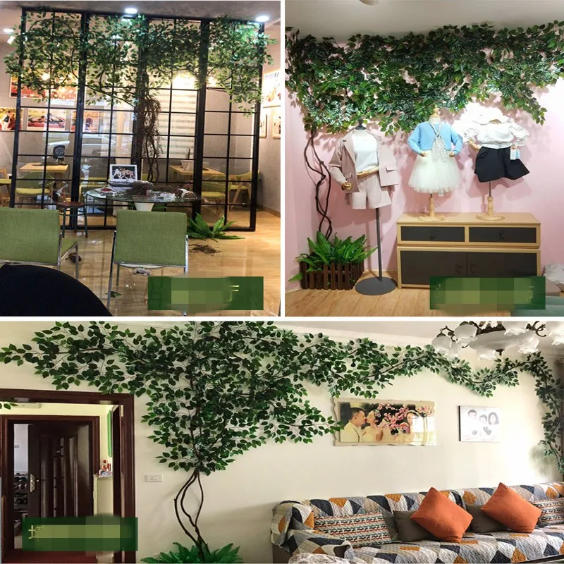 

Artificial Green Ficus Leaf Ginkgo Biloba Branches With Dried Tree Rattan Sets For Home Living Room Decorations