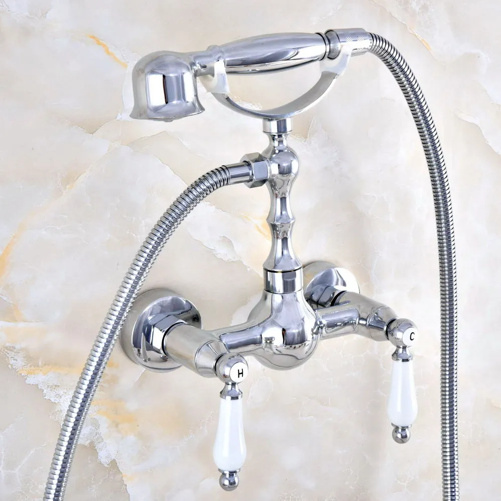 

Modern Silver Chrome Brass Two Lever/Hole Wall Mount Bathtub Faucet with Handheld Shower Set +1500MM Hose Mixer Tap 2tf830