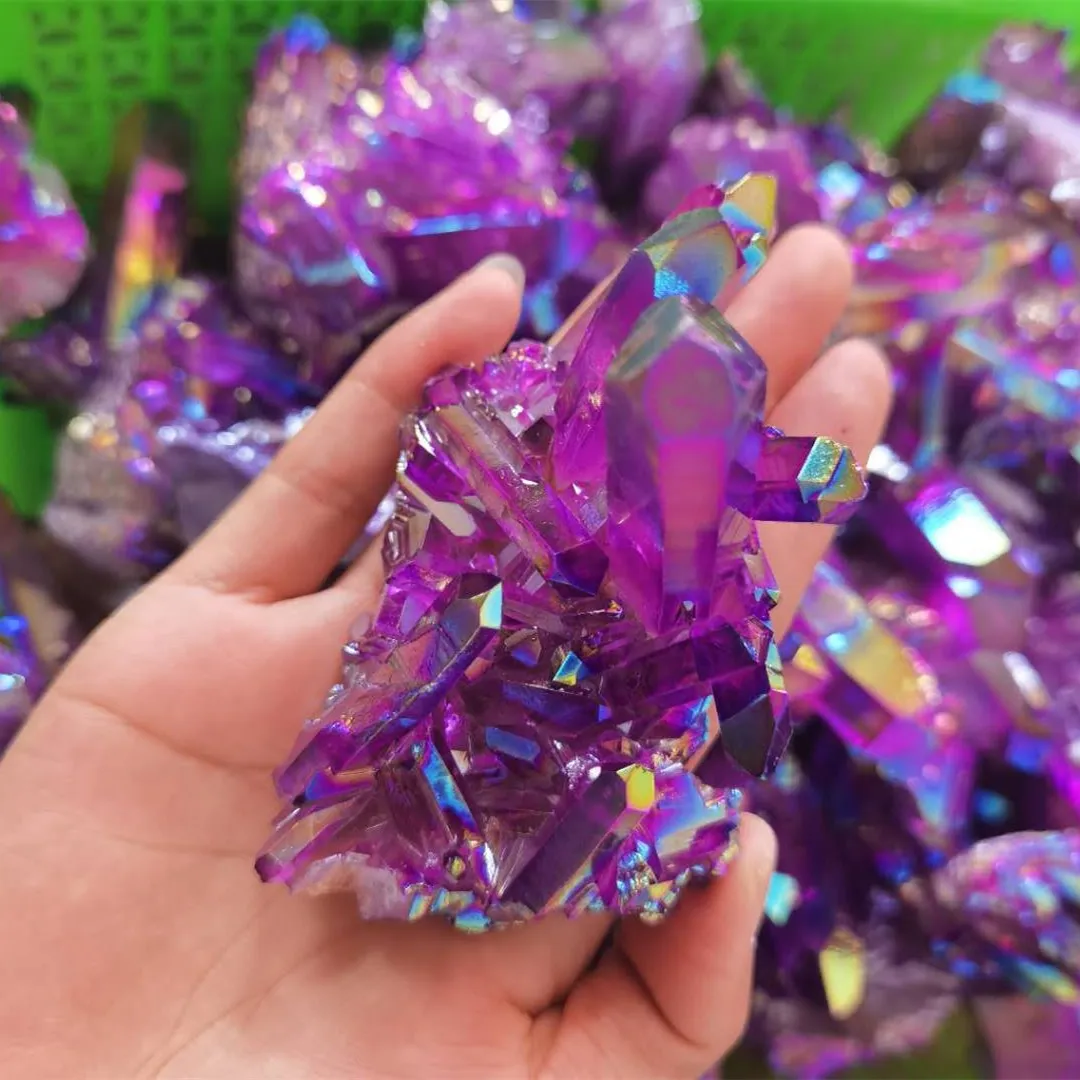 

80-100g Angel Aura crystal quartz cluster natural deep purple electroplating Titanium coating cluster Healing